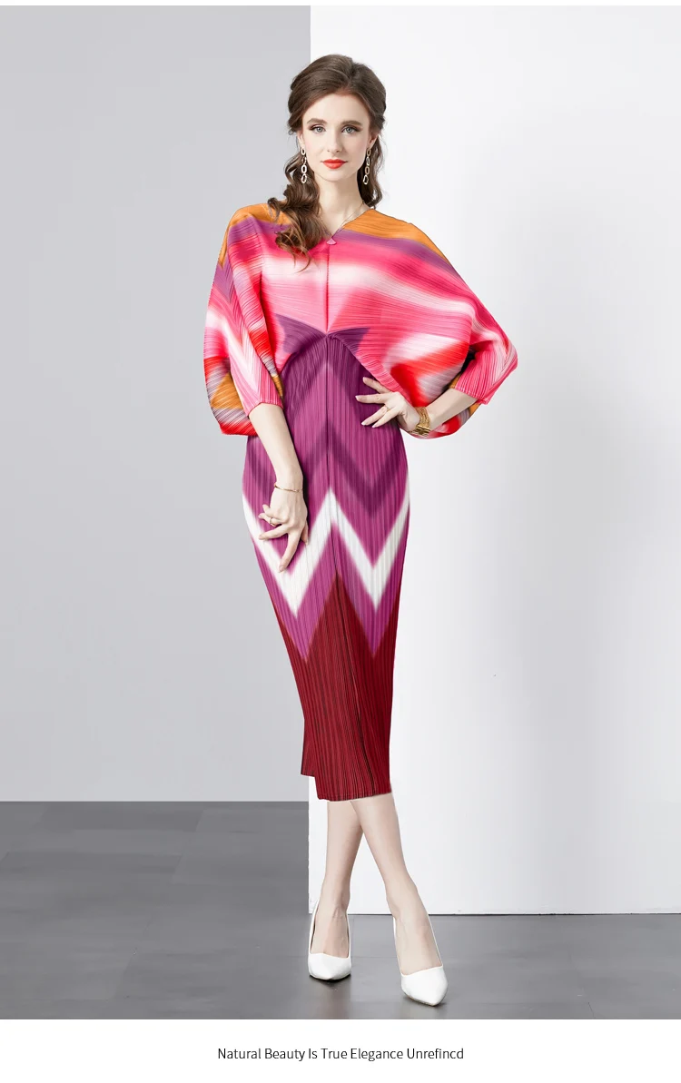 Autumn Fashion Print Pleated Maxi Dresses Women's V Neck Batwing Sleeve Irregular High Stretch Loose Long Vestidos 2025