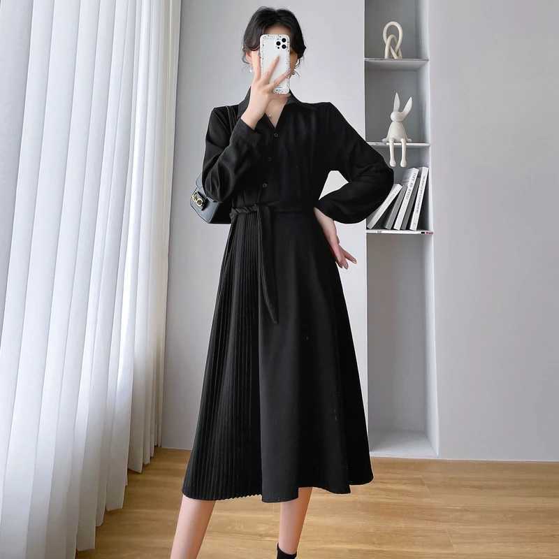 2024 Black Beige Long Sleeve Materni Nursing Dress Spring Fashion Pregnant Woman Formal Dress Pregnancy Breastfeeding ClothesXJ241213