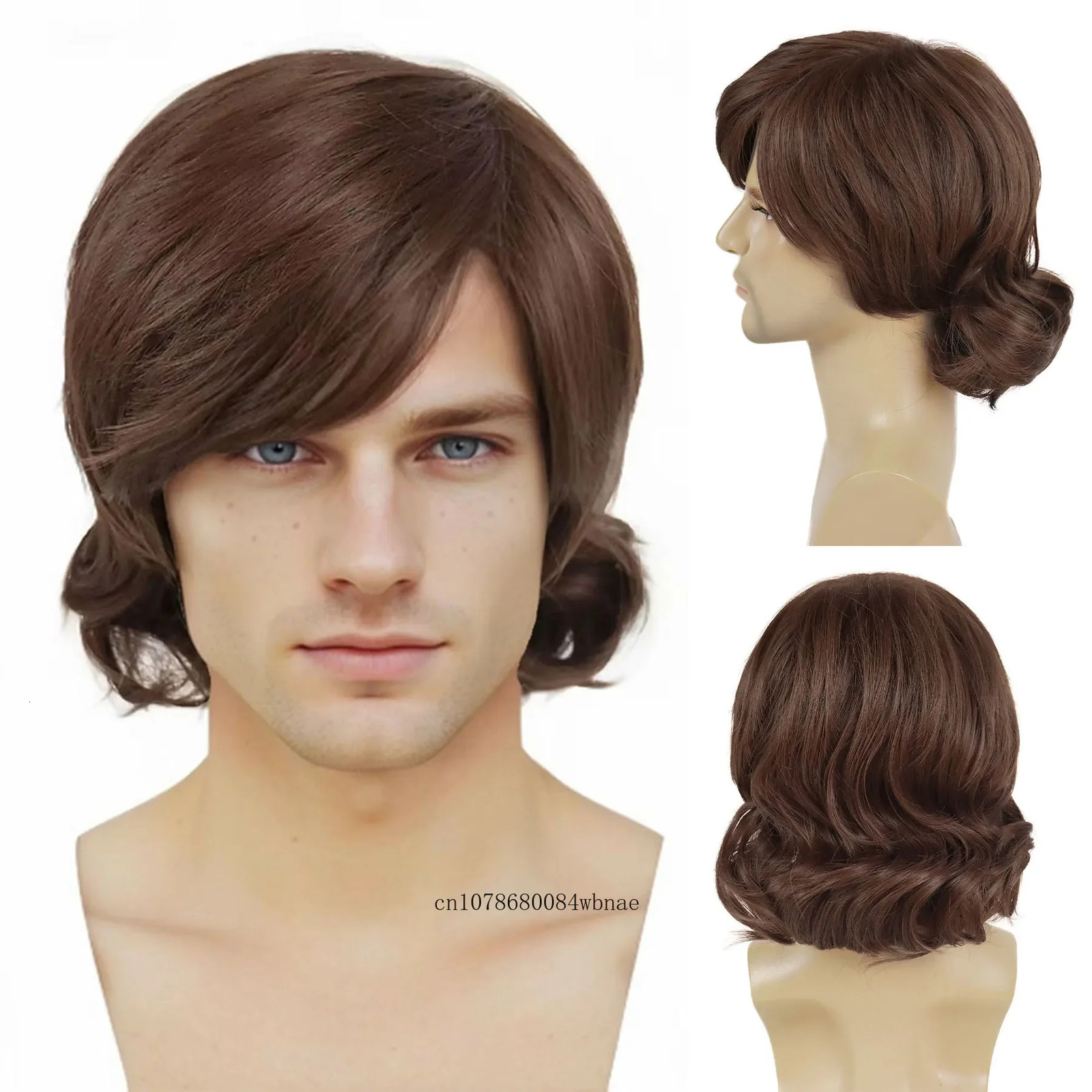 Synthetic Hair Brown Wig with Bangs Short Curly Wig for Men Man Male Guys 70s Costume Use Cosplay Anime Shaggy Wigs 241213