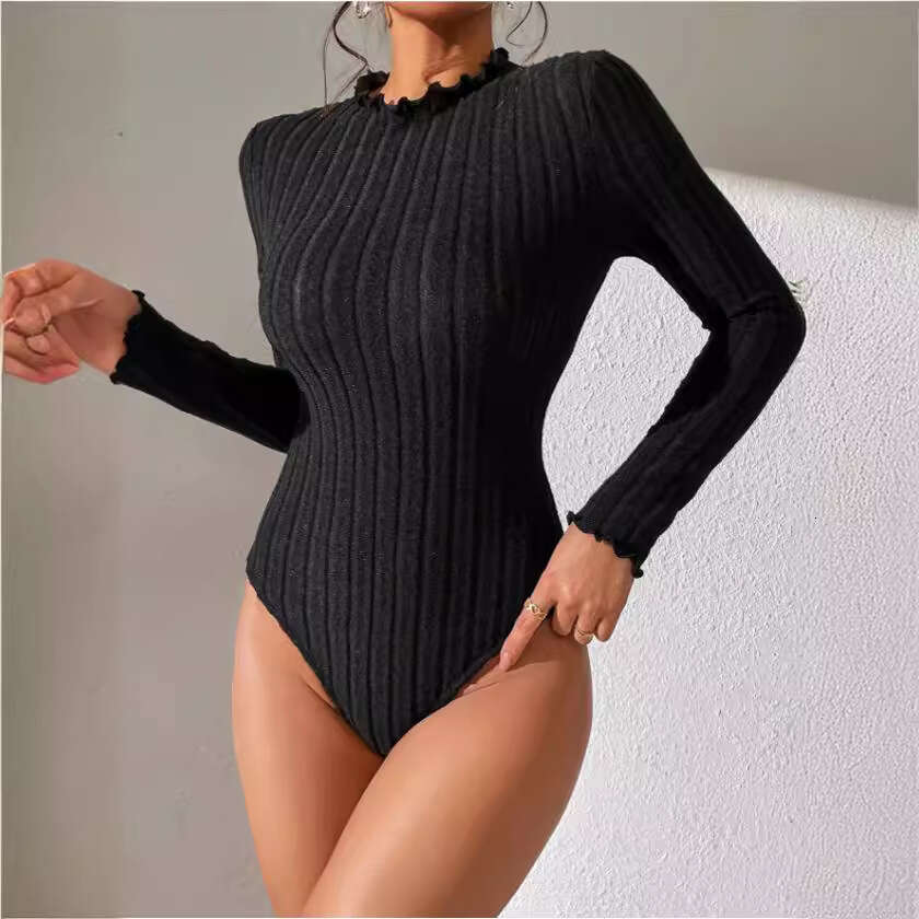 2023 European American long sleeved round neck brushed pit stripe tight fitting jumpsuit top for autumn and winter women's clothing