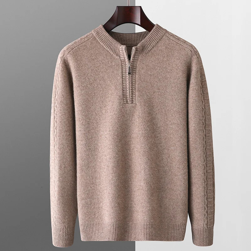 Mens Autumn and winter seven stitches 100% pure wool sweater mens thick sleeve flower round neck half zip knit pullover JB086 241213