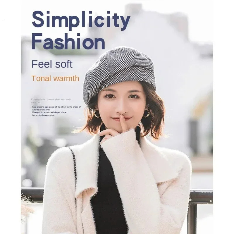 Simple Women Wool Beret for Elegant Lady Winter Female Cotton Hats Plaid Vintage Octagonal Casual Autumn Cap 241214