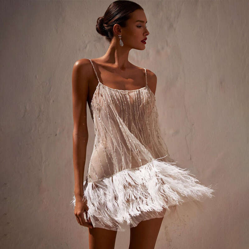 New European And American Style Party Dress Sexy Backless Short Layered Tassel Mesh Bead Suspender Skirt