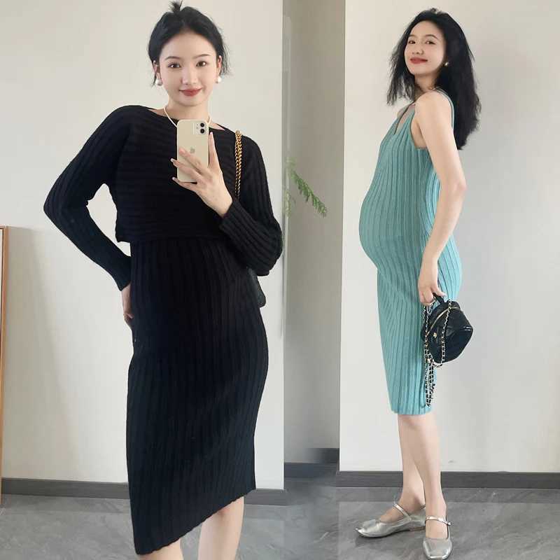 8040# Autumn Winter Knitted Materni Sweaters Dress Thick Warm Cover Sling Dress Sets Clothes for Pregnant Women Hot PregnancyXJ241213