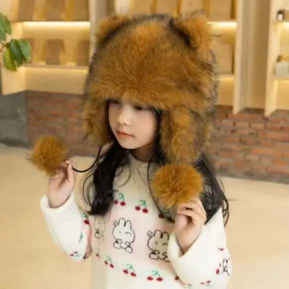 Little Raccoon Ear Protection Hat American Raccoon Hairy Thunder Peak Tyrant Hat Boys and Girls Winter Warm Str Hat W241213