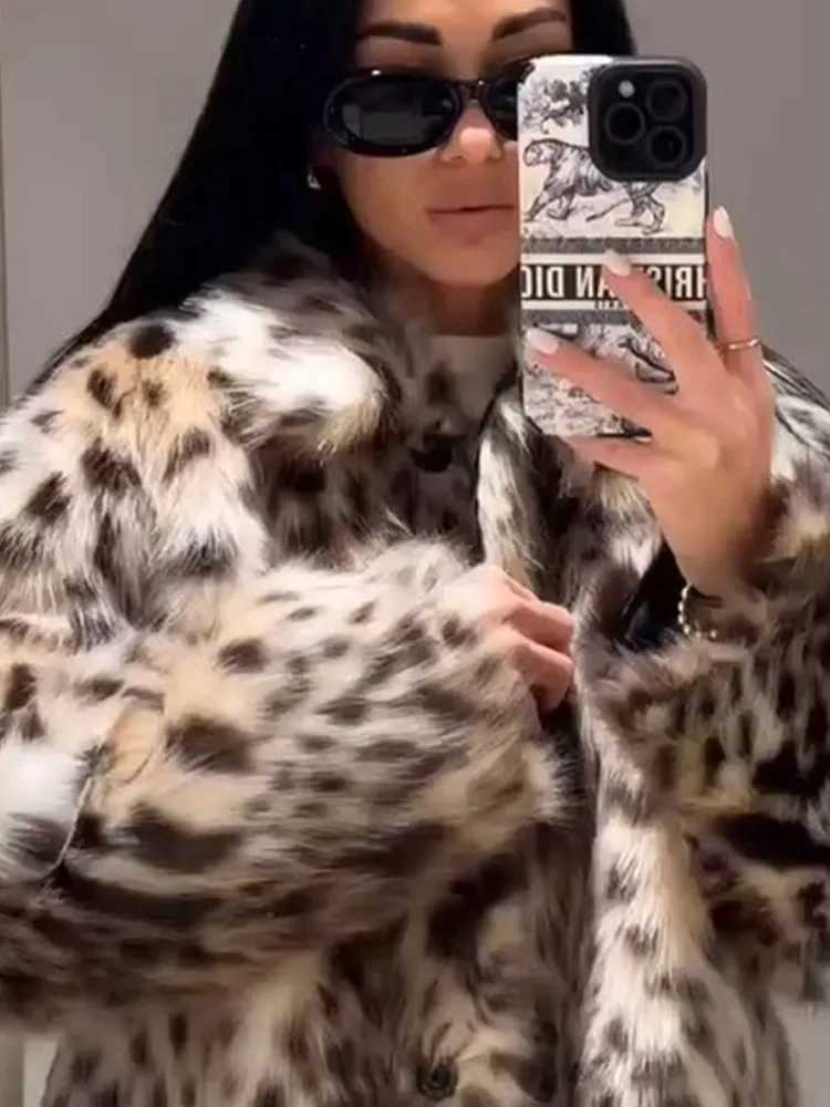 Womens Leopard Printed Lapel Faux Fur Coat Fashion Thicken Oversized Long Slve Warm Plush Jacket Winter Lady Strtwear 2024 X241214