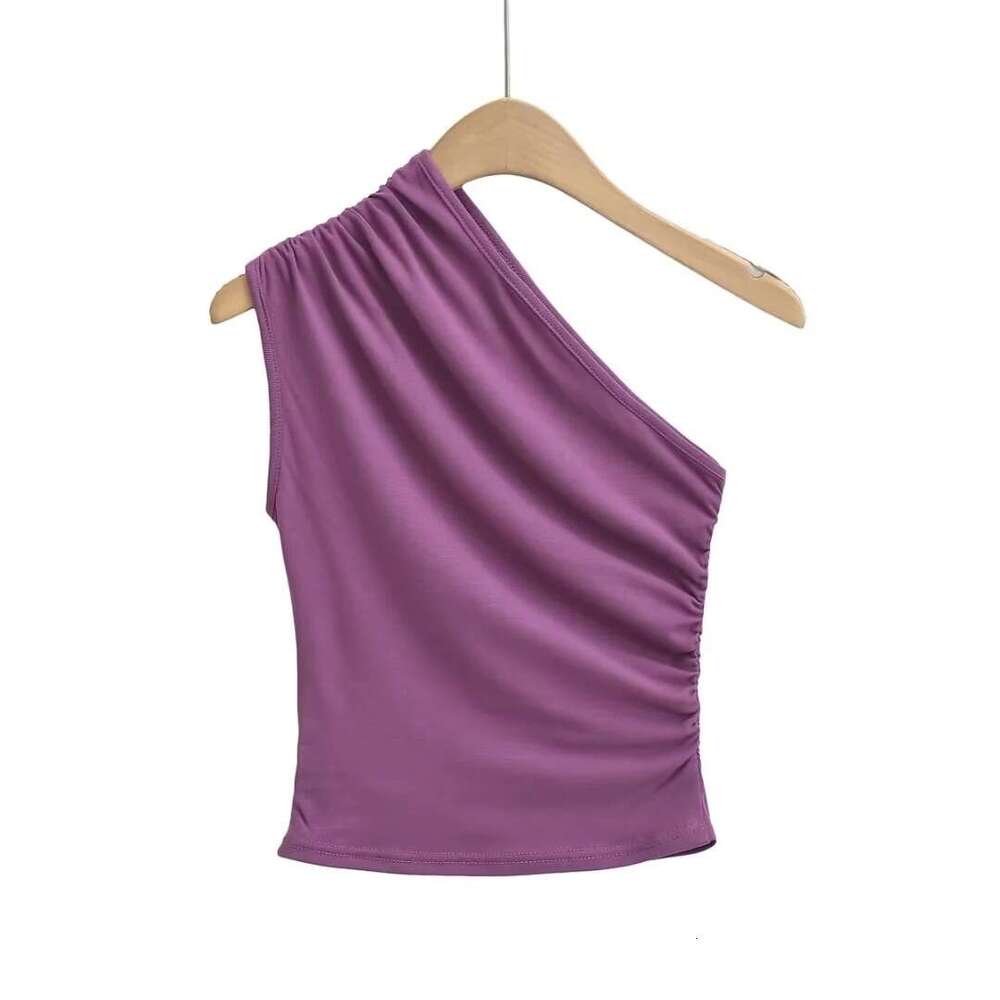 American INS Spicy Girl Slant Vest Women's Summer Stretch Slimming Solid Color Folded Off Shoulder Tank Sleeveless Top 2024 Versatile New Trendy 