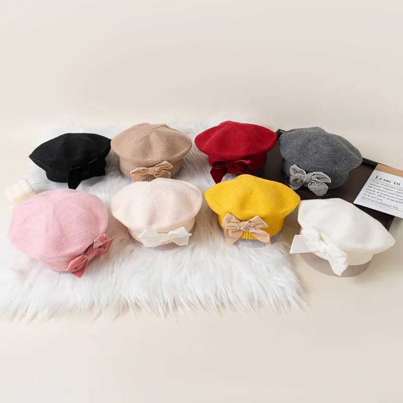 Autumn Winter Baby Girls Warm Bowknot Knitted Hats Children Beret Beanie Hat Solid Hat Soft Comfortable Kids Bonnet For 2-8Years W241213
