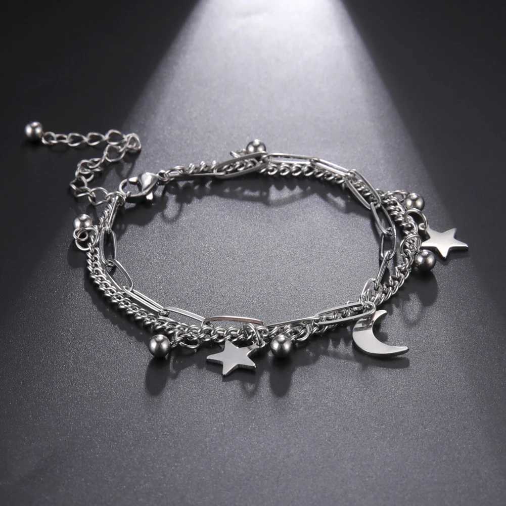Star Moon Pendant Double Chain Bracelets Womens Stainl Steel Bracelets Tren Jewelry for r Anniversary GiftsXJ241214