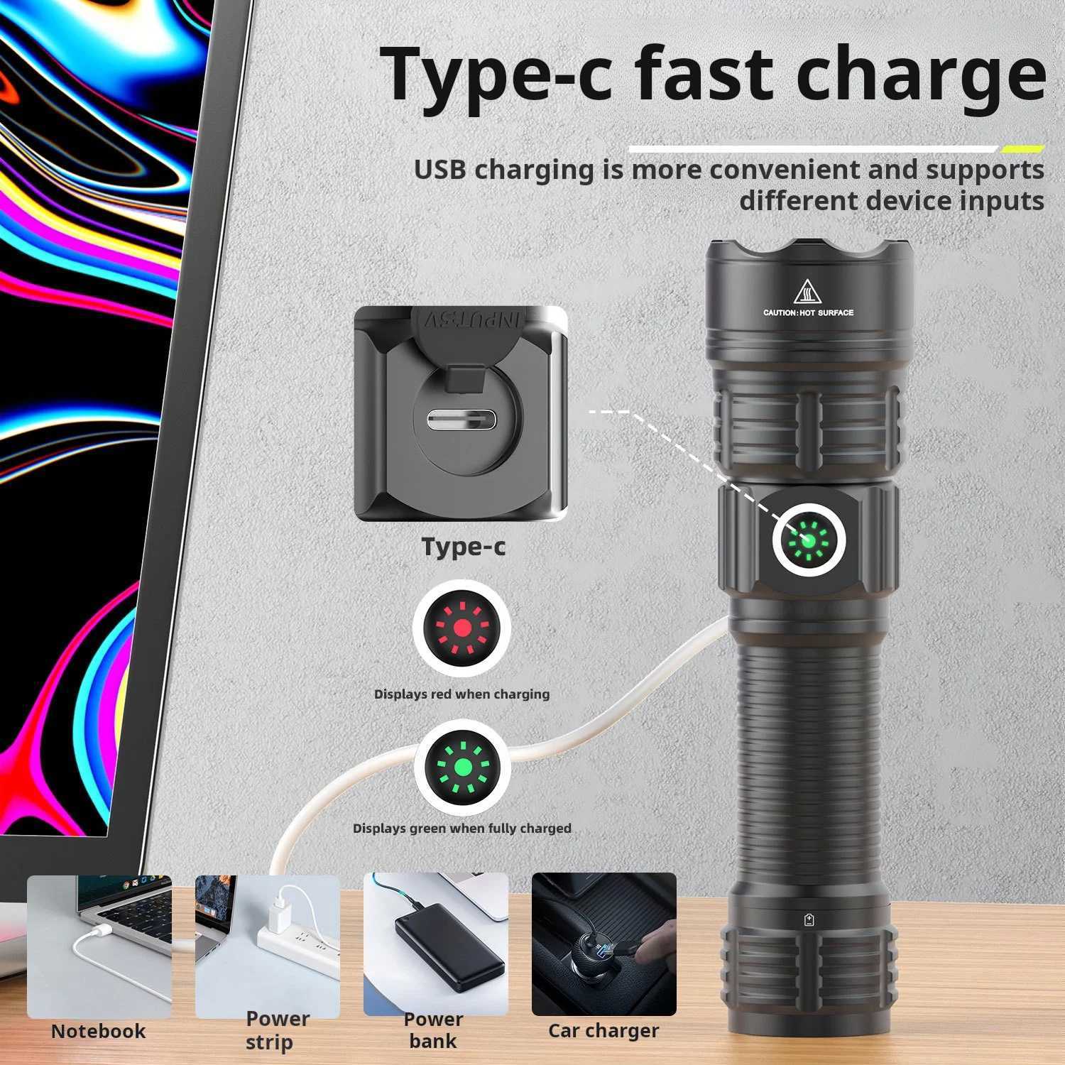 D white laser strong light tactical flashlight Fixed bracket tescopic zoom Type C charging flashlightXJ241214