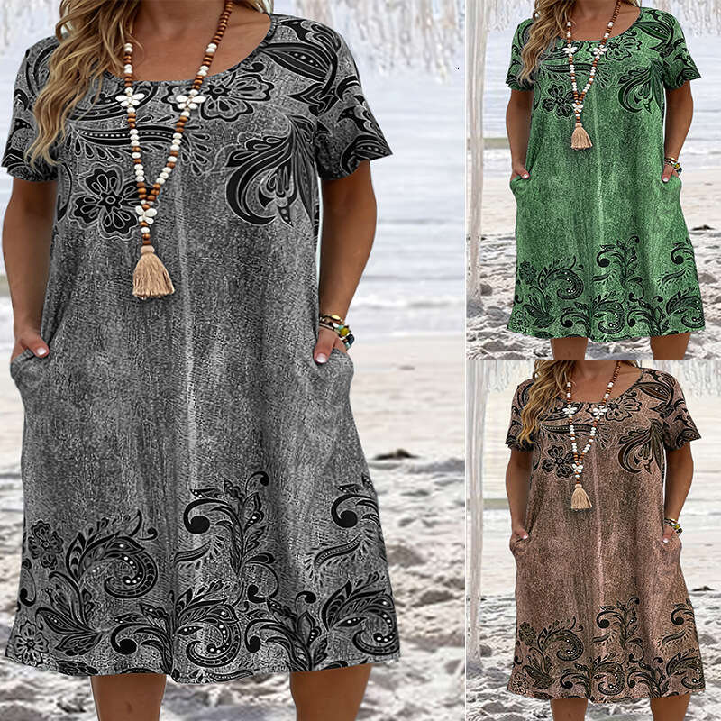 Large size women's loose 3D printed pocket dress 2024 new style chic and elegant clothing