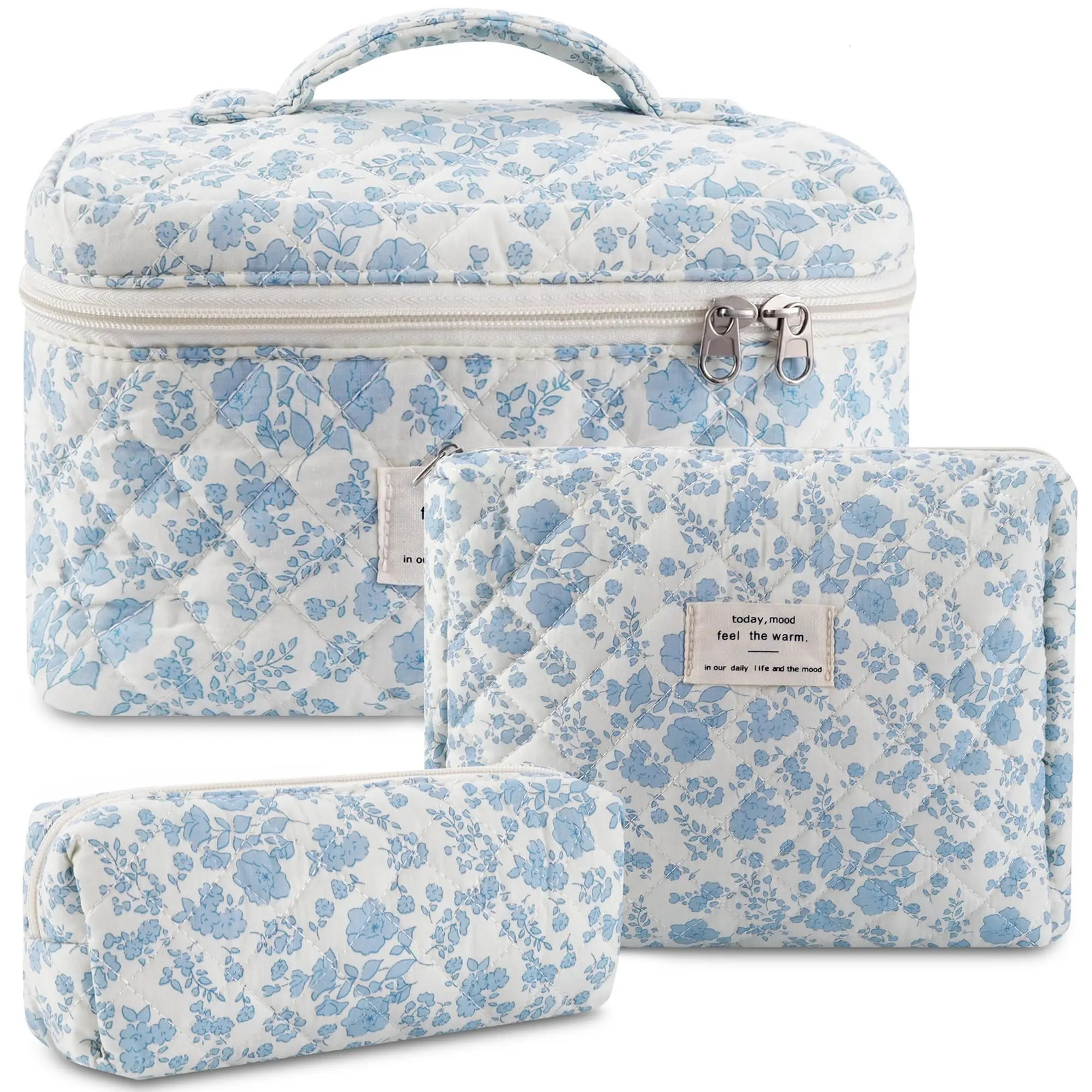 3-Piece Cotton Quilted Makeup Bag Set for Women Zipper Makeup Organizer Womens Bag Handbag Portable Womens Toilet Cover 241212