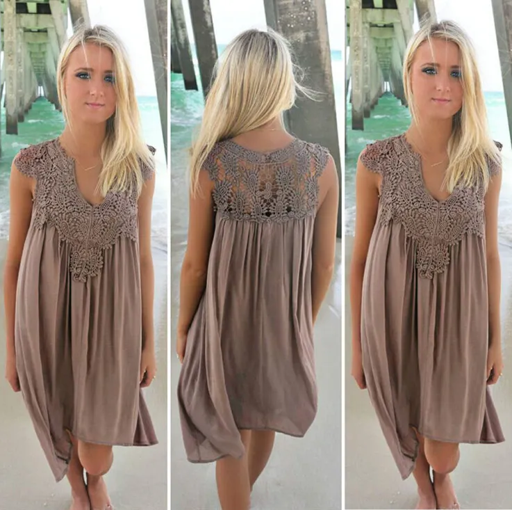Women's Flowy Beach Sun Dress Trendy Boho Chiffon Blouse with Intricate Lace Trims