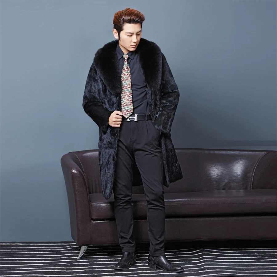 Real mens genunie natural rabbit fur coat big fox fur collar mens fashion long jacket warm winter customization in any size W241213