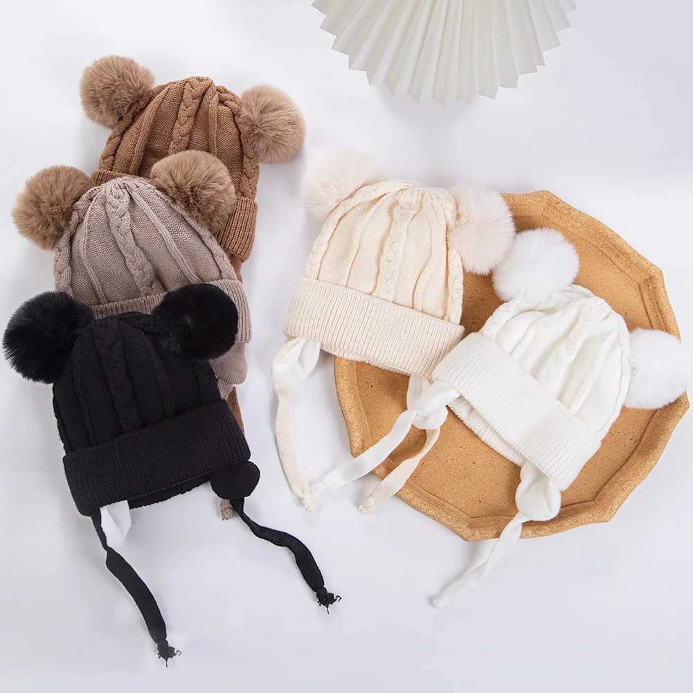 Cute bear earmuffs textured knit hats fluffy baby boys and girls thick and warm winter earmuffs cotton lining childrens headwear W241213