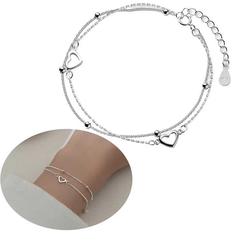 Round Bead Hollow Heart Hand Decorated Double Design Sweet 925 Silver Plated Chain Bracelet for Women Girls GiftsXJ241214