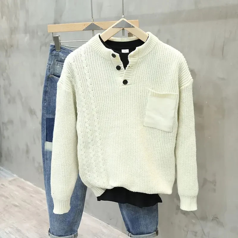American Retro Henley Collar Pullover Sweater Korean Elegant Mens Trendy Oversized Pocket Versatile Casual Aesthetic 241213