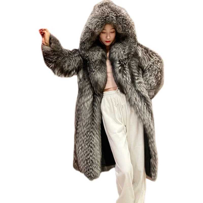 Womens fur coat imitates fox fur windproof cover long jacket for winter warmth and leisure W241213