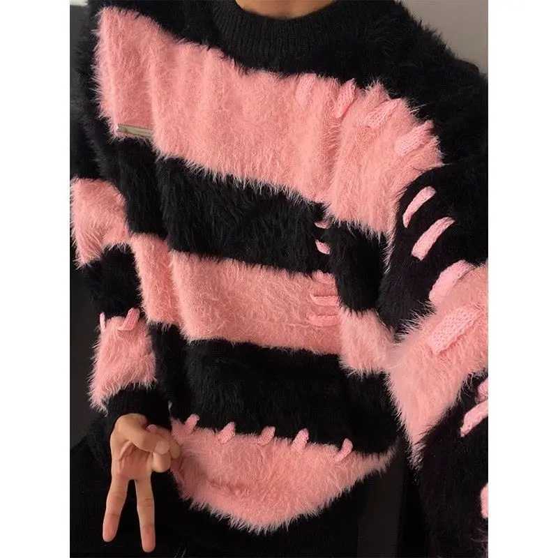 American soft mink mens sweater loose and lazy design high street striped contrast knit sweater fashionable W241213
