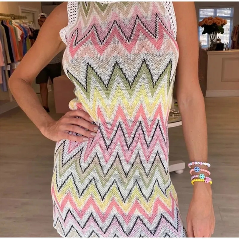 Summer Knit Mini Dres Rainbow Striped Dress Ladies Sleeveless Hollow Out Patchwork Sundress Fashion Casual Robe Femme 241212