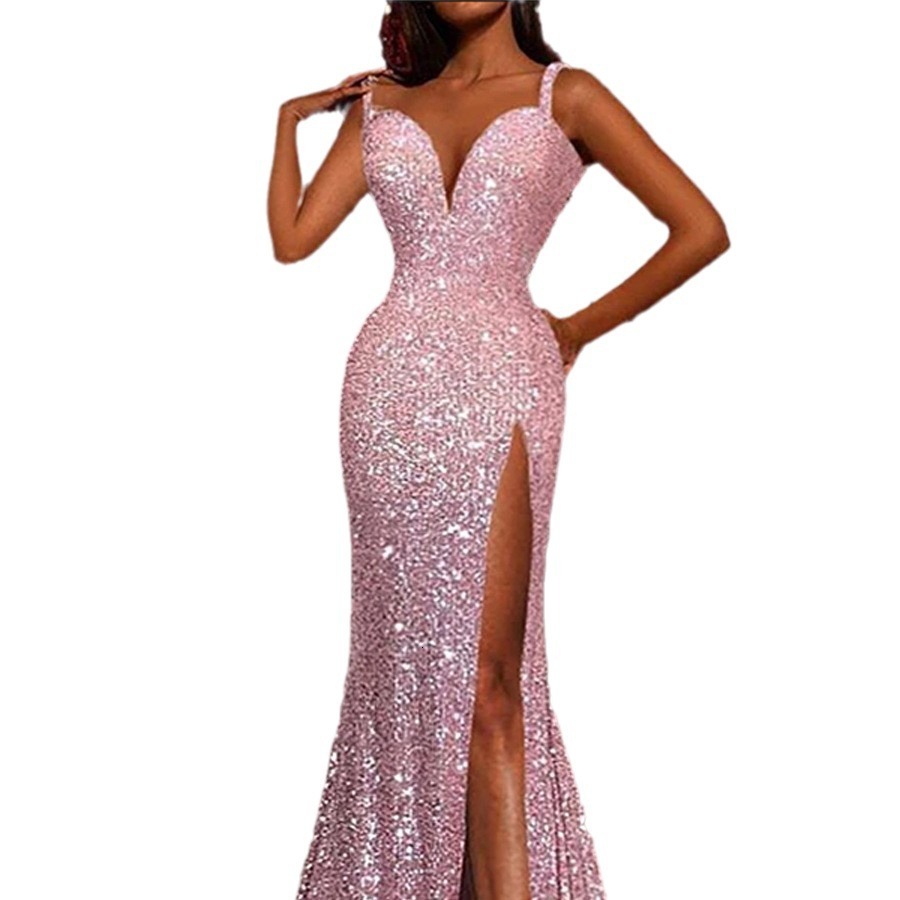 Summer New Womens Dress Split Sleeveless Sequin Strap Floor Mopping Dress