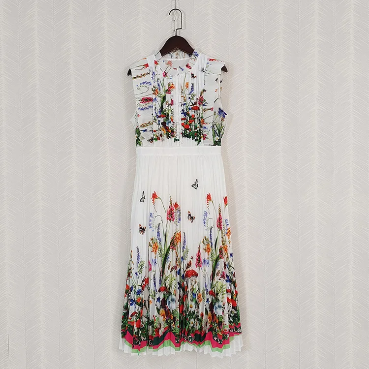 Casual Dresses Elegant Fashion Women Summer Floral Print Midi Long Dress Lady Office Work Vest Tank Ruffles Holiday Vacation Runway Design Party 2025