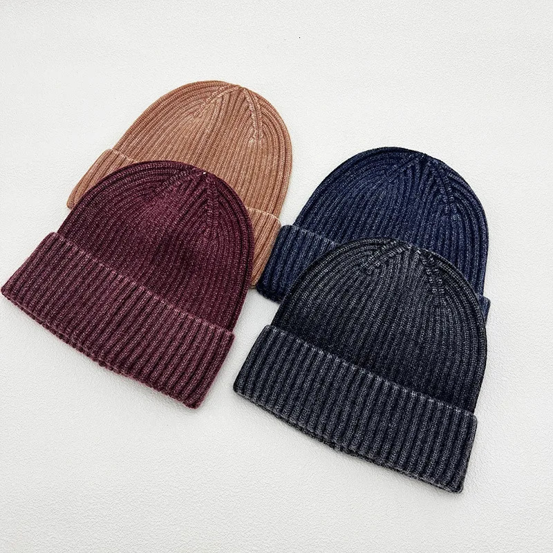 Retro mens wash knitted hat womens fashion simple warm skull bean retro solid autumn winter bean hat 241205