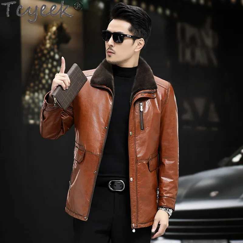 Tcyeek oil wax denim genuine leather mens jacket real mink coat medium long real fur coat mens winter clothing W241213