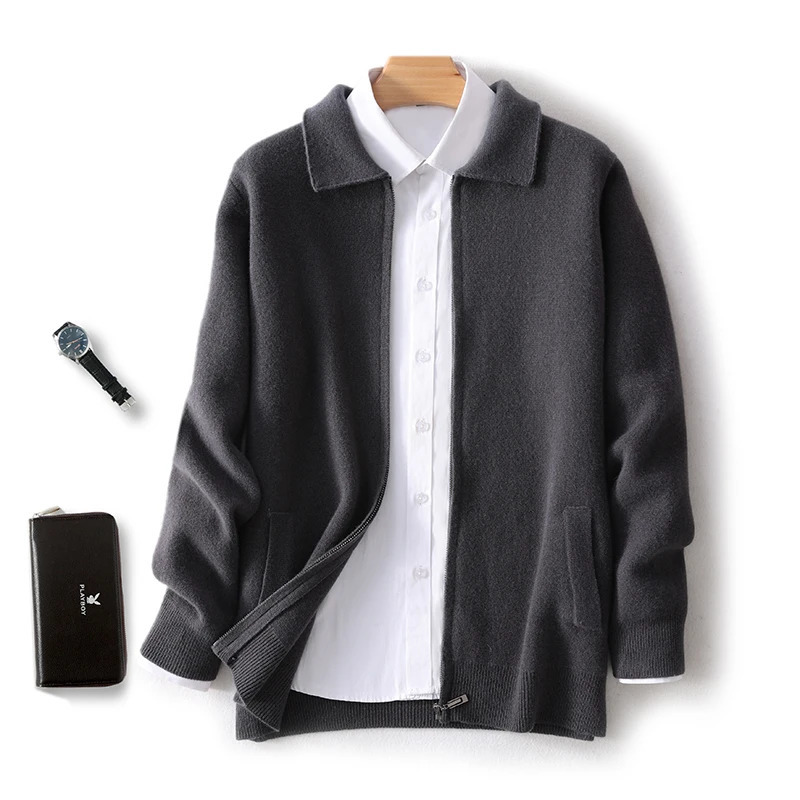 Autumn Winter 100% High Quality Wool Cardigan Mens Lapel Thick Zipper Casual Sweater Large Size Cashmere Knit Jacket Men Tops 241209