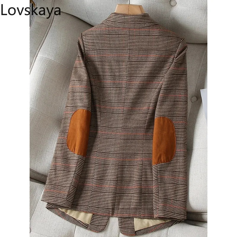 Long Sleeve Single Button Slim Jacket Coat For Autumn Winter Ladies Casual Coffee Plaid Blazer Women 241209