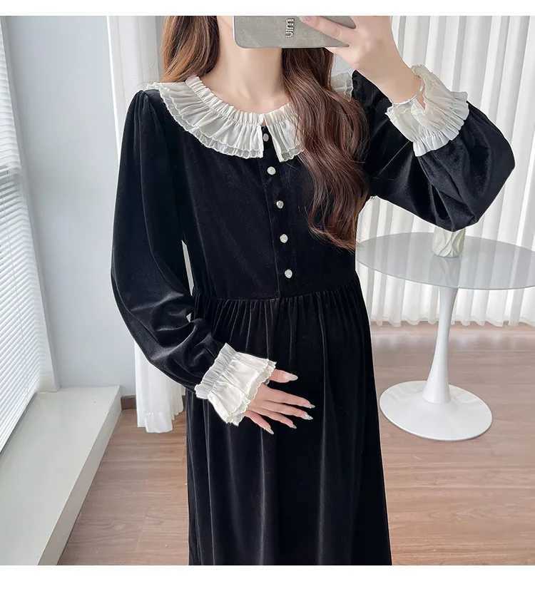 2025 Spring Materni Vintage Velvet Dresses French Sle Long Sleeve Lace Patchwork Pregnant Woman Black Par Dress ElegantXJ241213