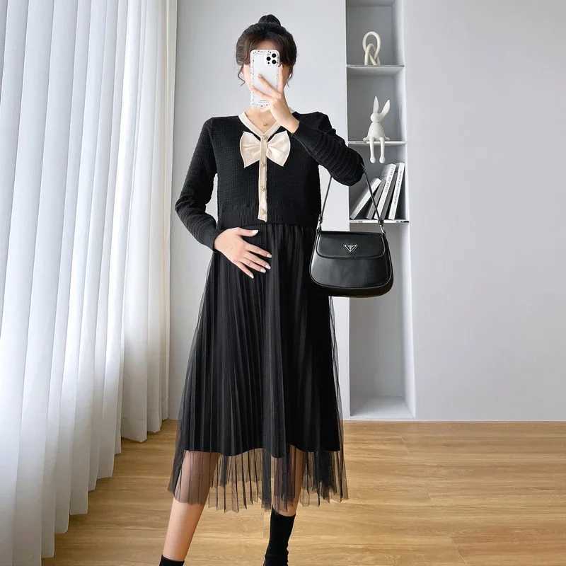 Elegant Pregnant Woman Knitting Dress Long Sleeve V-neck Mesh Patchwork Bowknot Materni Pleated Dress Autumn Pregnancy ClothesXJ241213