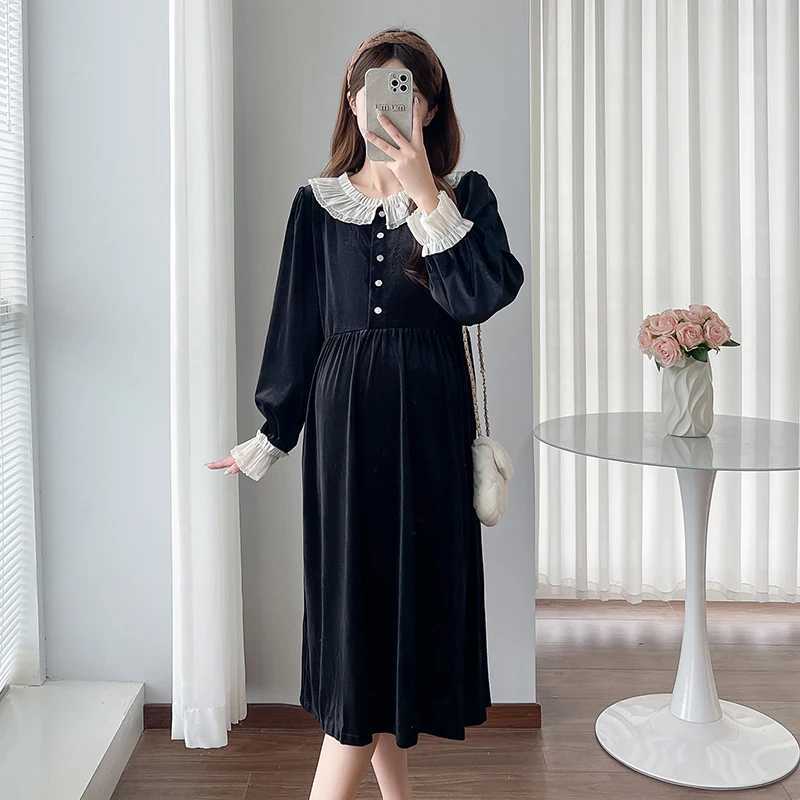 2025 Spring Materni Vintage Velvet Dresses French Sle Long Sleeve Lace Patchwork Pregnant Woman Black Par Dress ElegantXJ241213