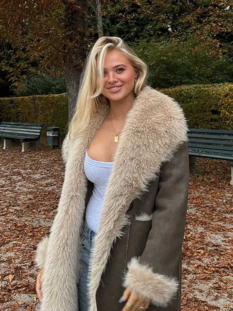 Soft Lapel Collar Warm Double Sided Wear Long Faux Fur Jacket Fashion One Buttons Pocket Overcoat New Winter Woman Commuter Wear X241214