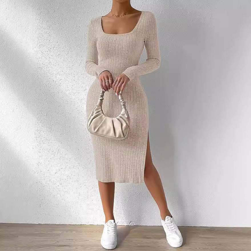 New Designer Square Collar Long Sleeved Hem Slit Jacquard Women's Fleece Dress