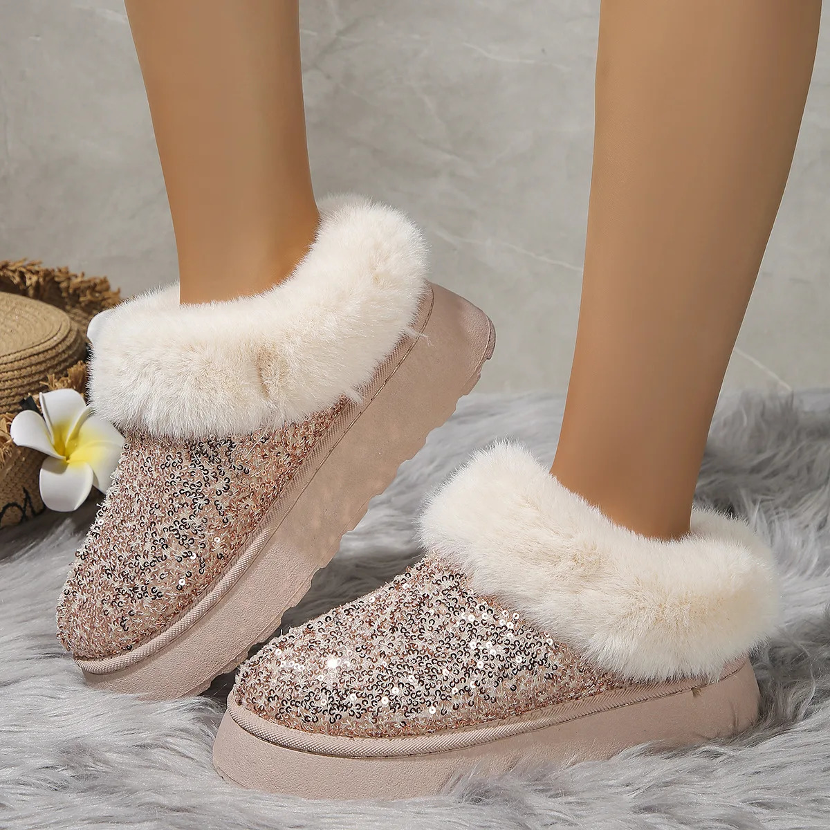 Sequin Snow Boots for Women Winter Warm Thick Soles Without Heelcovered Hair Half Slipper Cotton Shoes Boot 241214