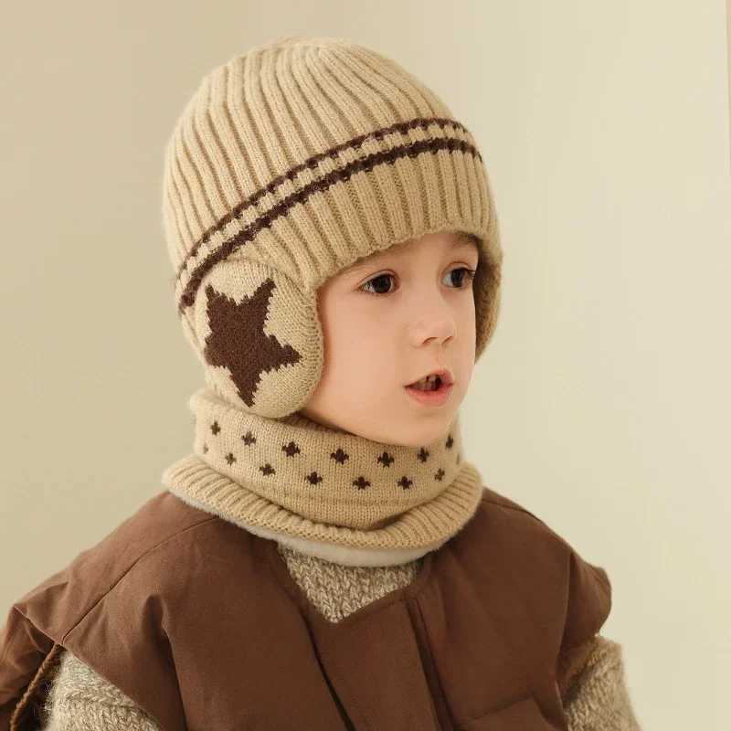 New Children Unisex Add Fur Lined Winter Knitted Hat with Earflap Fashion Beanie Hats for Kids Outdoor Classic Keep Warm Cap W241213