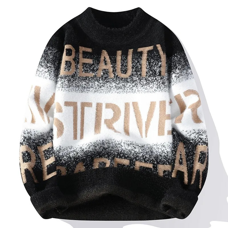 Gradient Color Blocked Letter Printed Sweater American Trend Mens Tops Classic Autumn Knitted Pullover Fashionable Slim Fit 241213