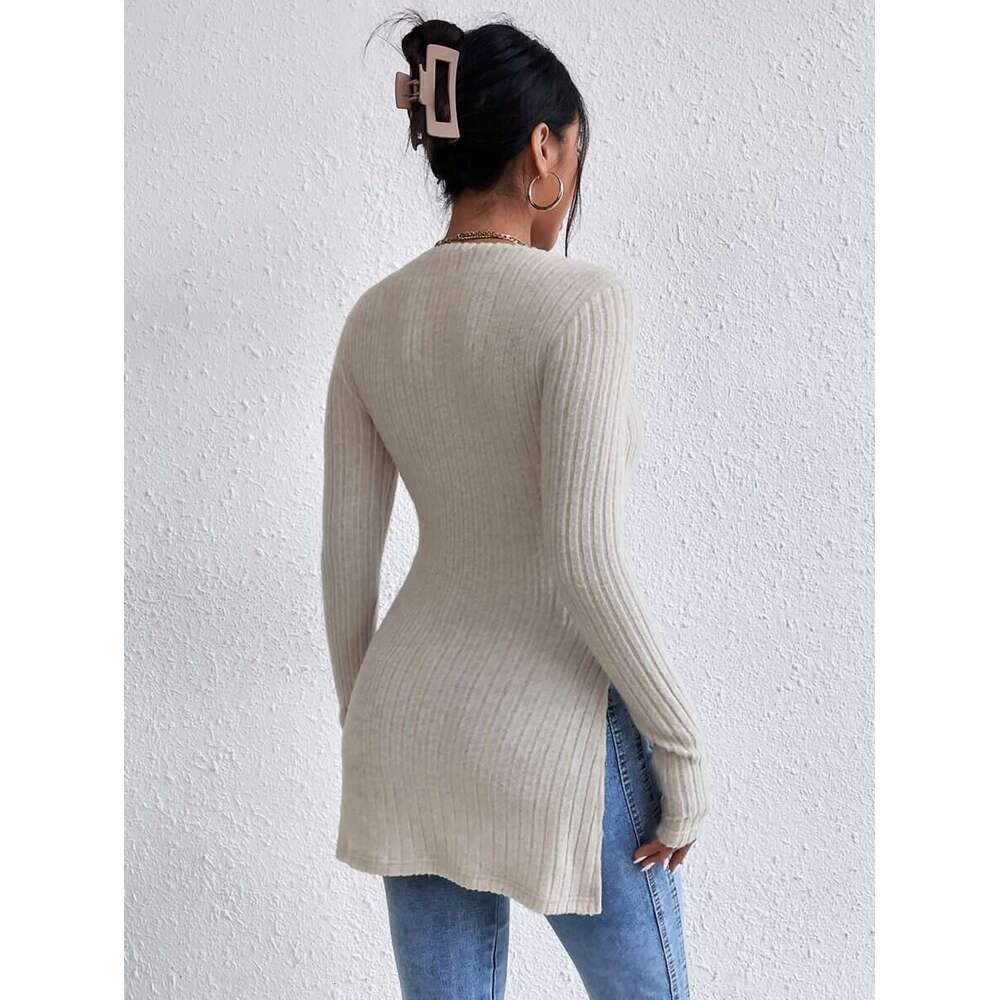 2023 autumn new hem double slit base slim fit pit stripe fleece T-shirt for women