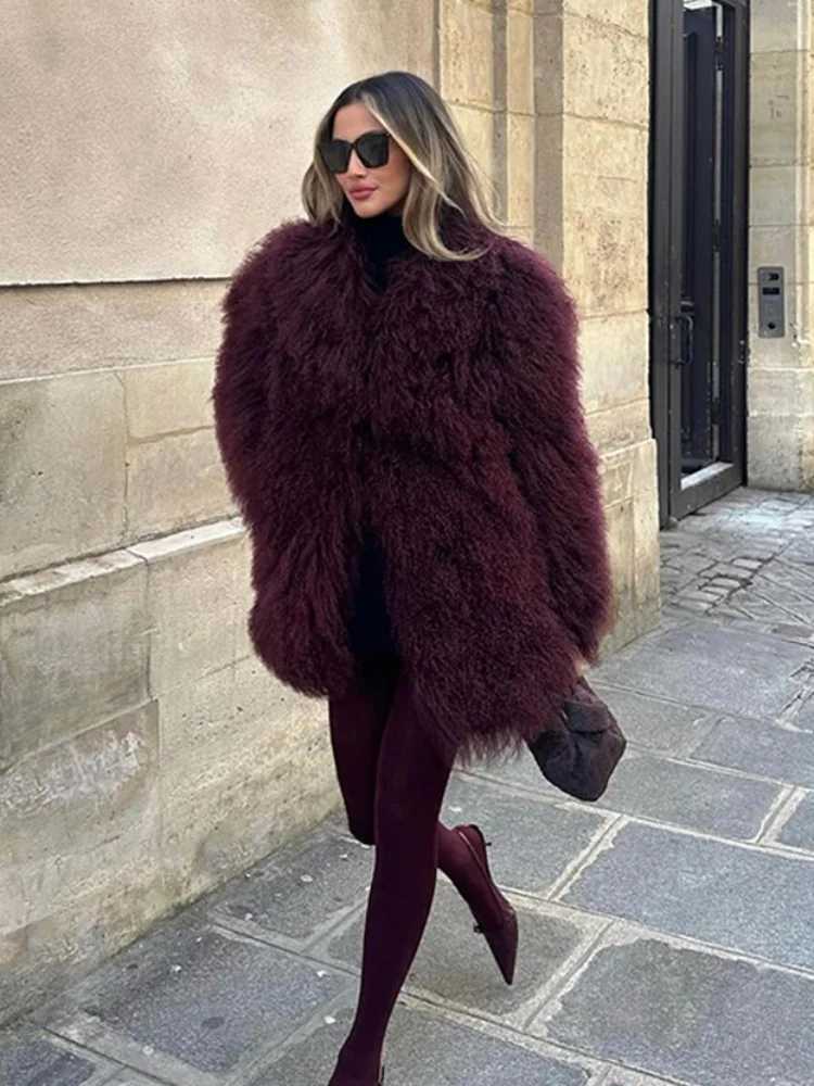 Womens Elegant Wine Red Faux Fur Coat Fashion Lapel Long Slve Fluffy Plush Warm Outerwear Lady Vintage Winter High Strtwear X241214