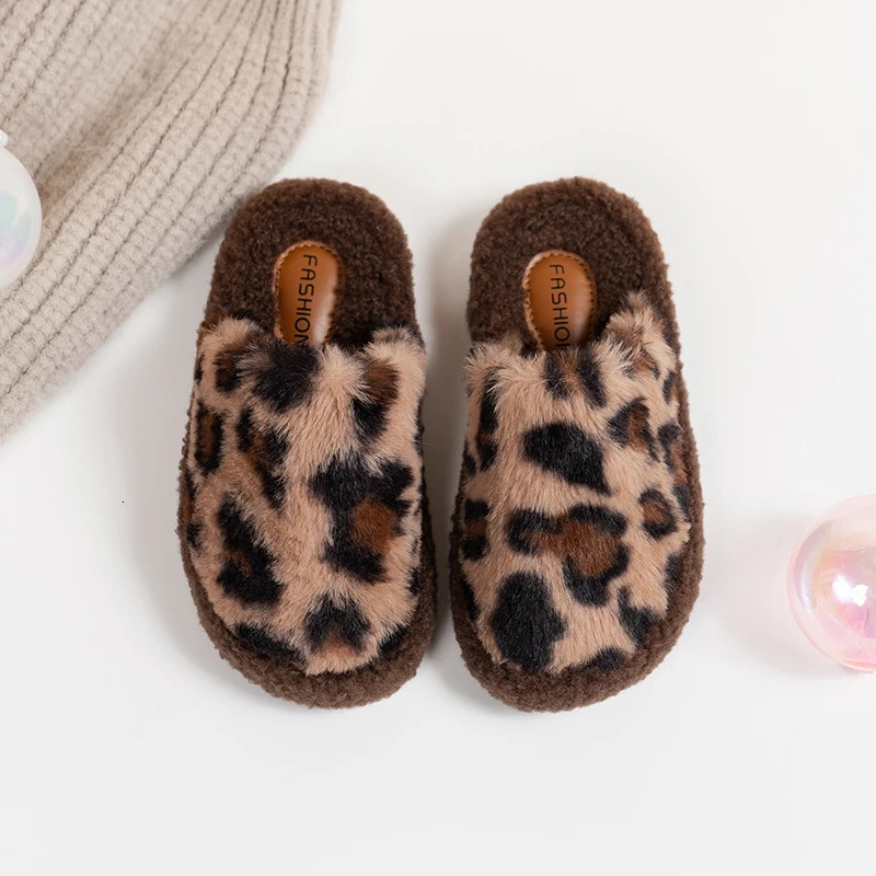 Winter Children Slippers Leopard Home Leisure Cover Toe Kids Sliders Warm Beige Apricot Slip-on Fashion Boys Girls Shoes 26-36 241213