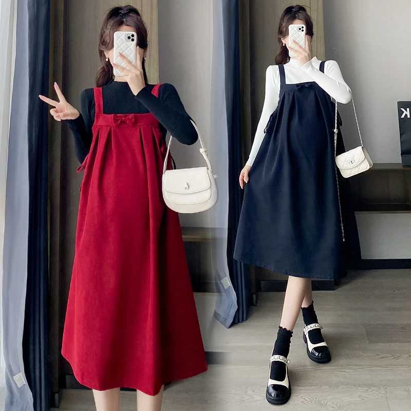 2025 New Year Materni Dress Red Strap Dress with Bow Plus Size Pregnant Woman Par Dress Sleeveless Pregnancy A-line DressesXJ241213