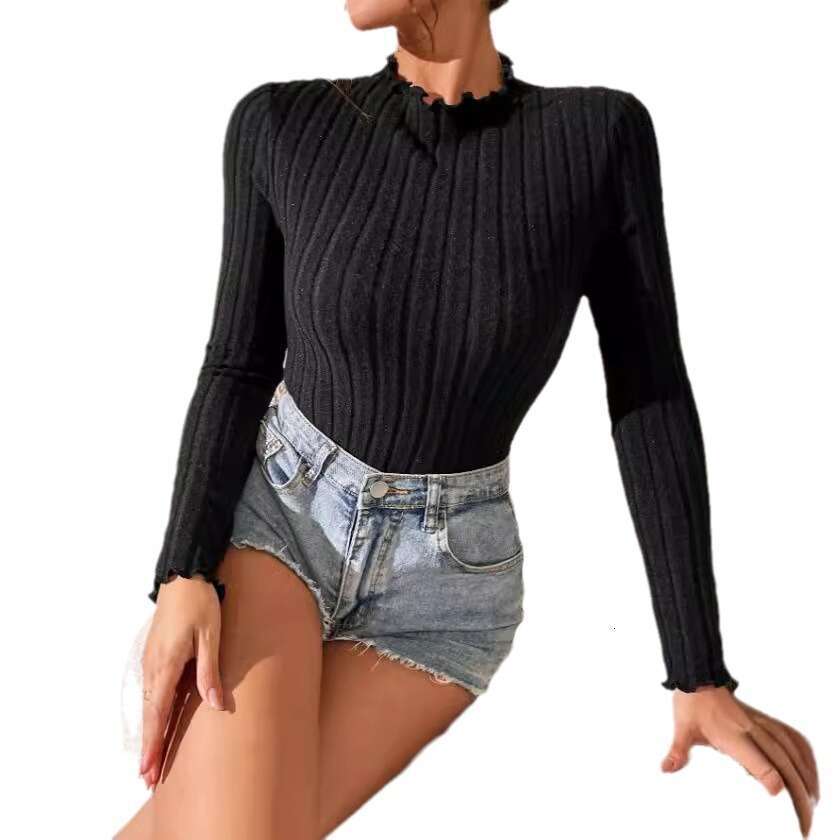 2023 European American long sleeved round neck brushed pit stripe tight fitting jumpsuit top for autumn and winter women's clothing