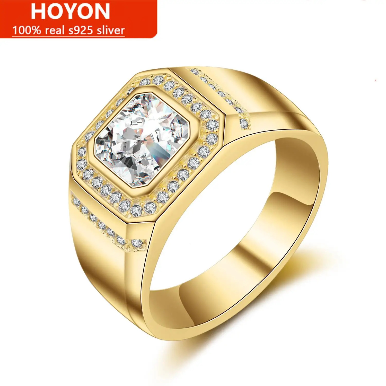 Gold Plated Rectangle Cut Simulation Diamond Ring For Men Women White Gold Coating Zircon Fine Jewelry Gifts 241214