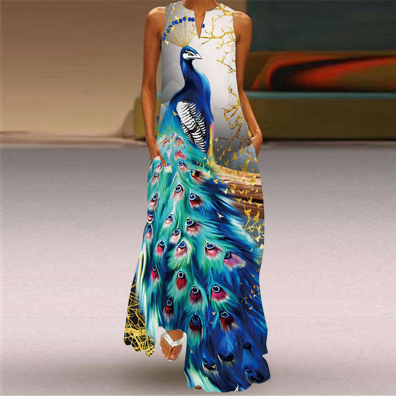 plug-in pocket European and American retro printed skirt V-neck multi-color long sexy sleeveless dress 2024 new casual versatile fashion clothing