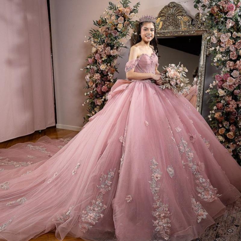 Pink Shiny Quinceanera Dresses Ball Gown Off The Shoulder Appliques Lace Flower Beads Corset Sweet 16 Vestidos 15 De XV Anos