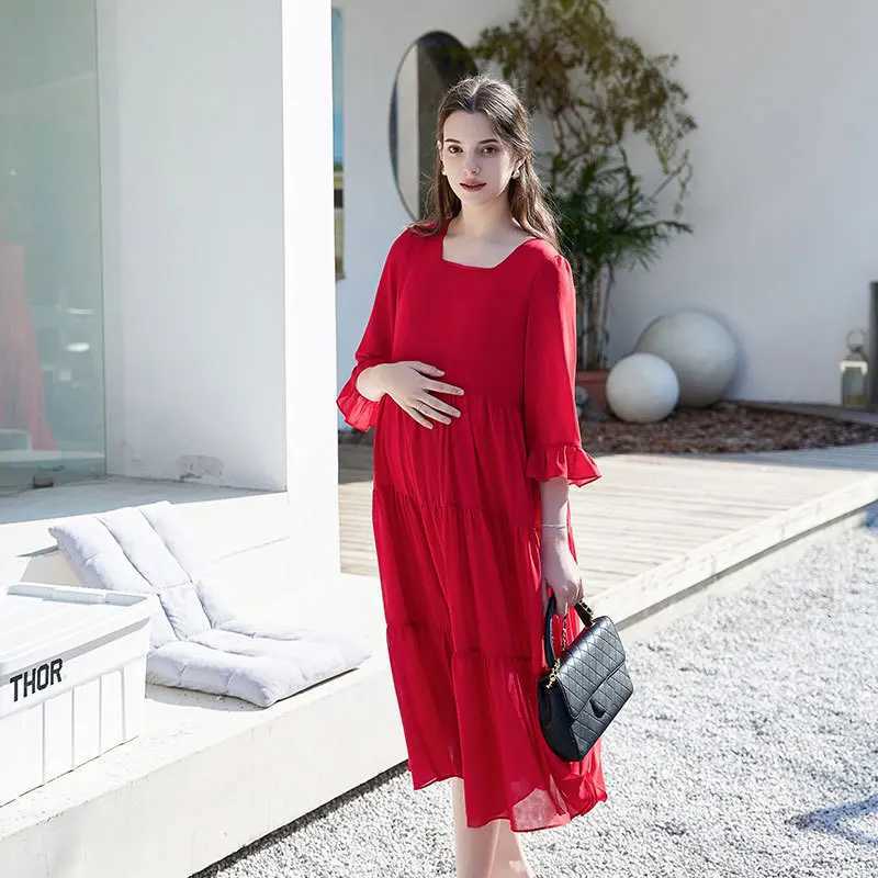 2024 New Women Solid Summer Materni Dresses Casual Half Sleeve Ruffle Bowknot Pregnant Clothes Backless Polyester Adult DressXJ241213