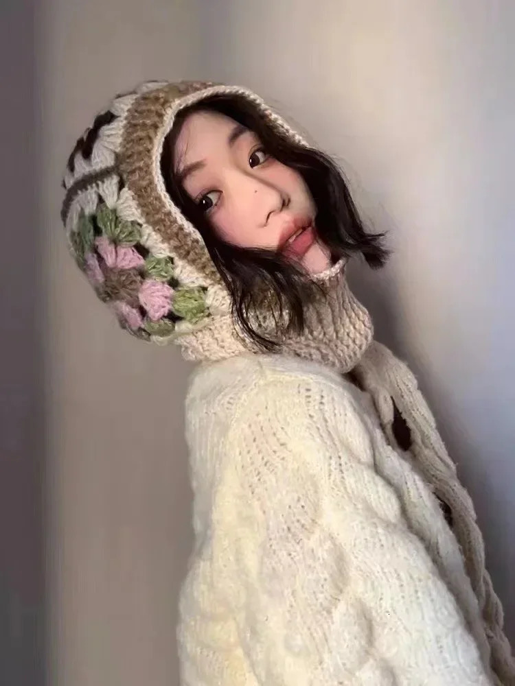 Handmade crocheted Balaclava womens hat autumn and winter wool knitted flower bean hat neck warm womens hat 241205