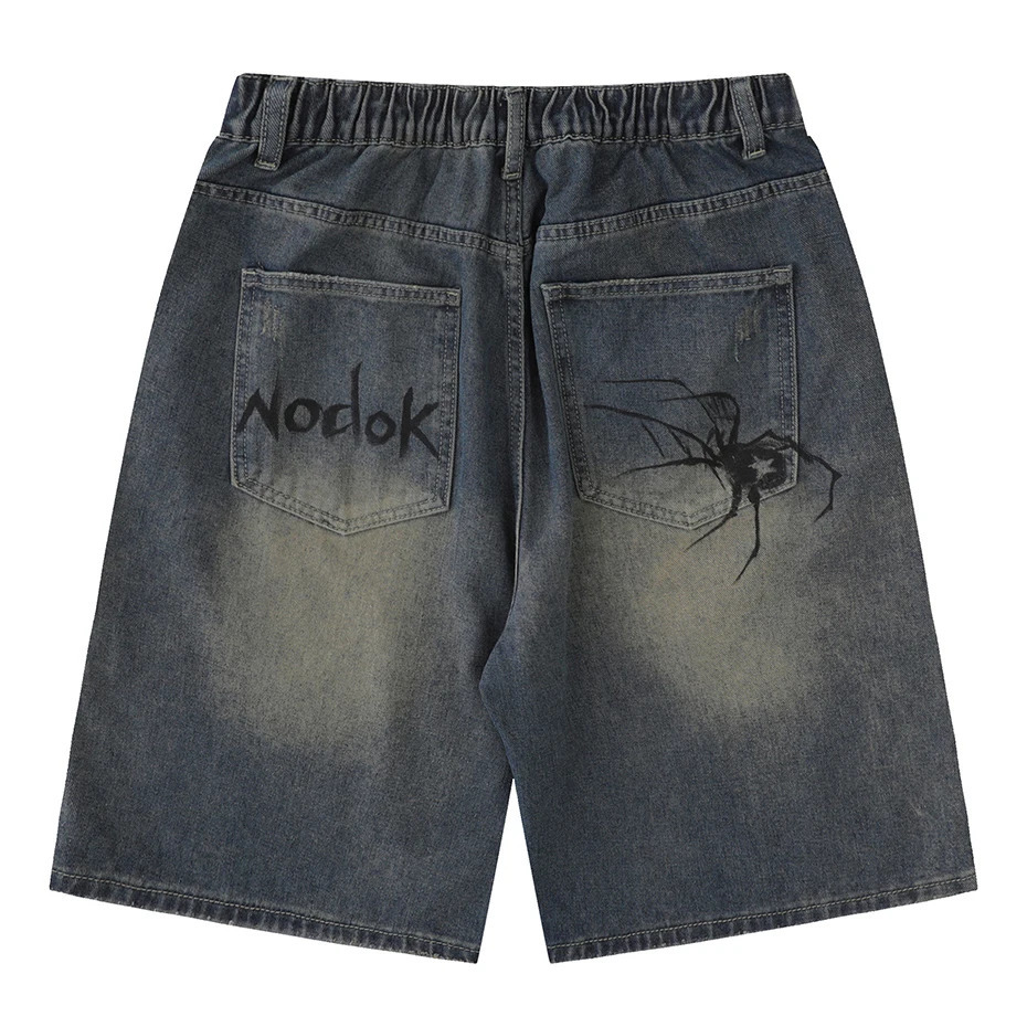 Y2K Blue Denim Shorts Spider Cobweb Printed Summer Loose Casual Jeans Fashion Harajuku Hip Hop Street Mens 241211