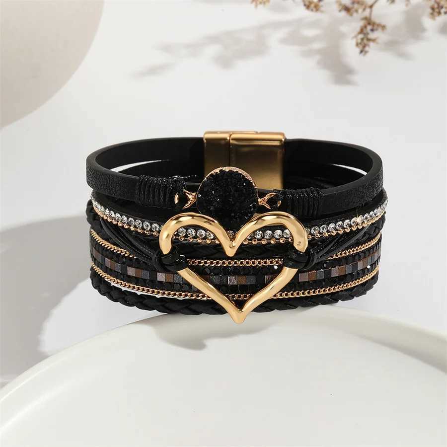 New Metal Heart Charm Leather Bracelets for Women Fashion Bohemian Rhinestone Resin Wr Bracelet Bangle Couple JewelryXJ241214